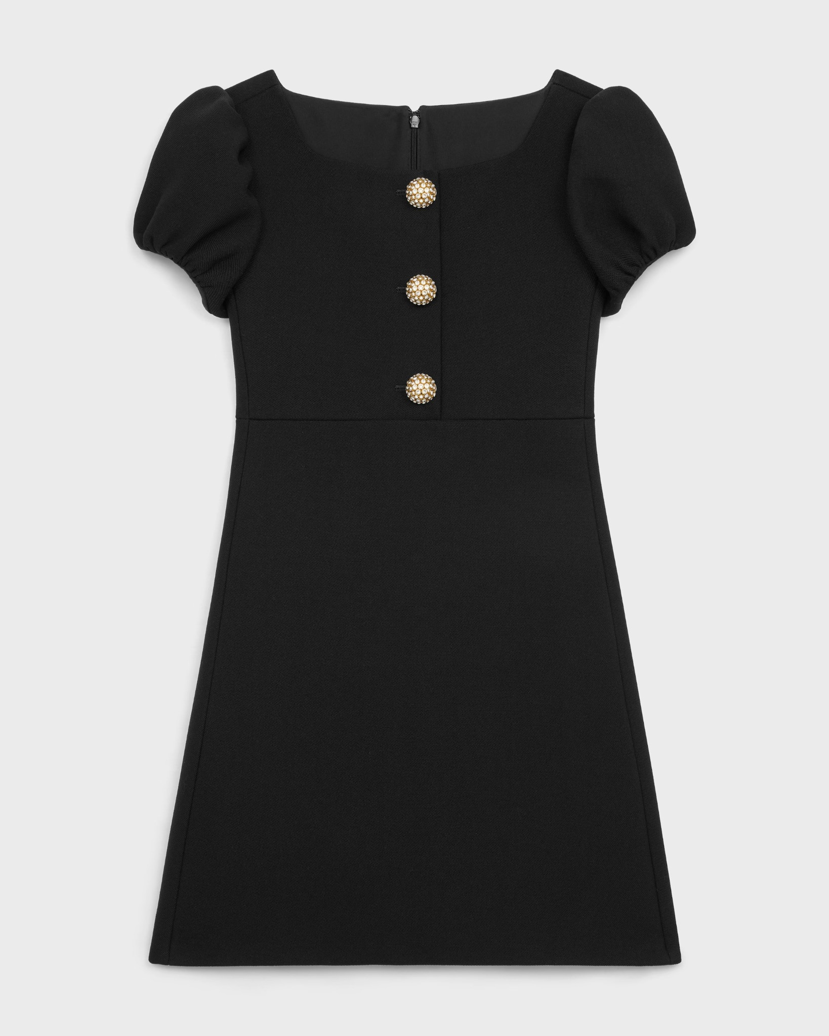 Mini dress with jeweled buttons in wool piqué in Black