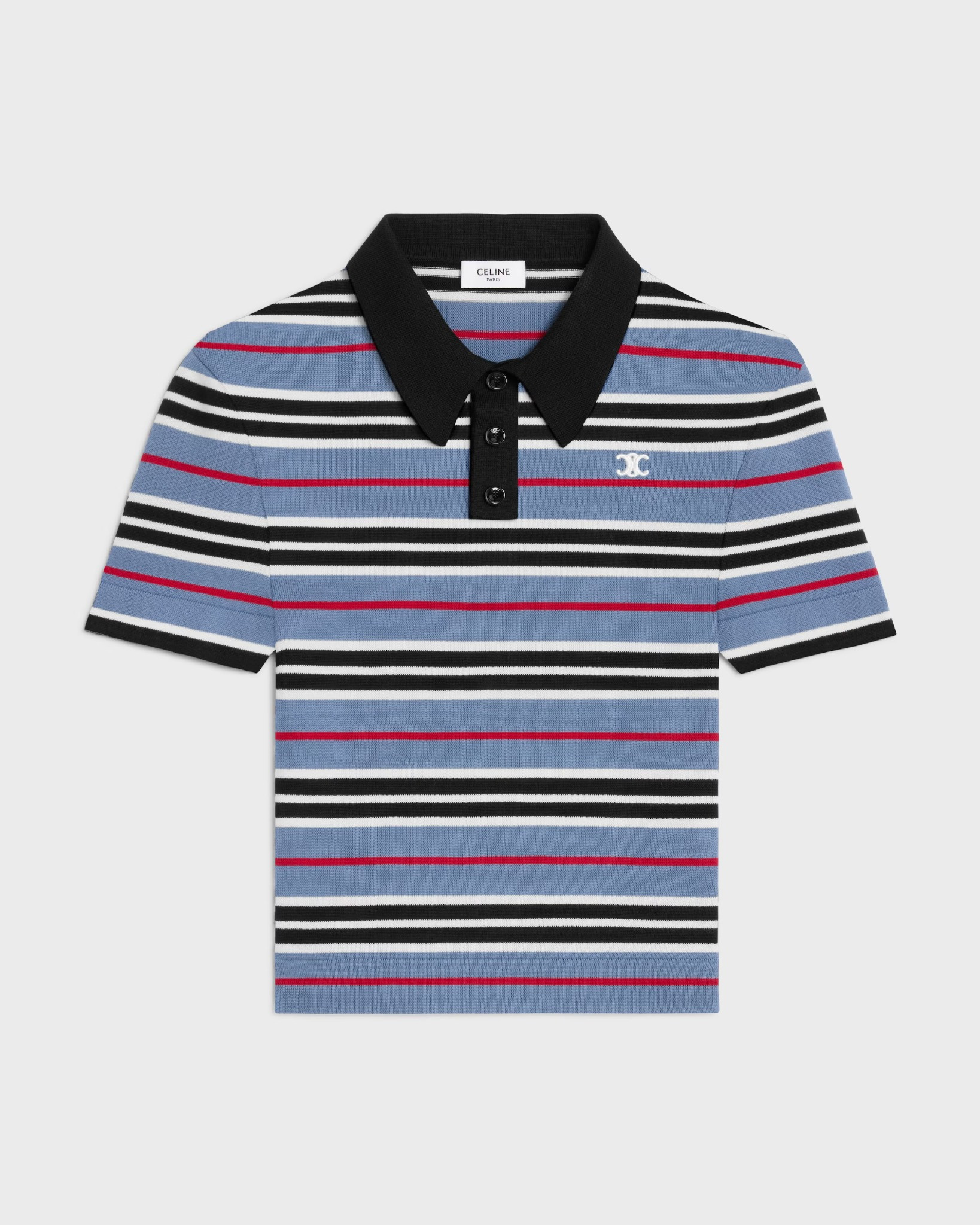 Cropped polo in striped cotton in Denim / black / off white