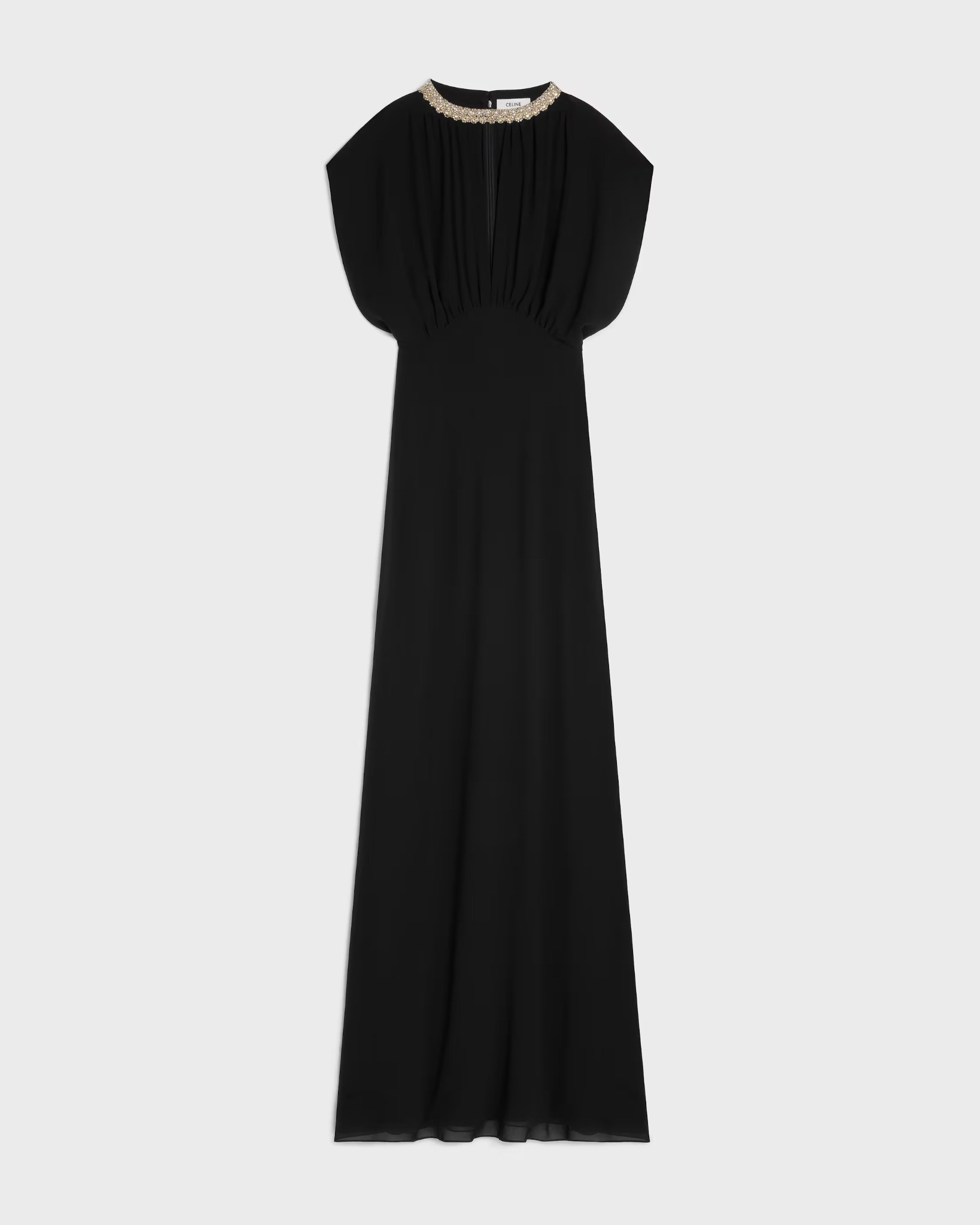 Long dress with embroidered collar in silk georgette in Black
